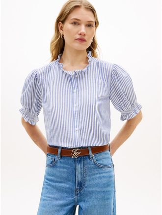 Tommy Hilfiger Womens Ruffle-Trimmed Cotton Voile Shirt - Blue - XXS
