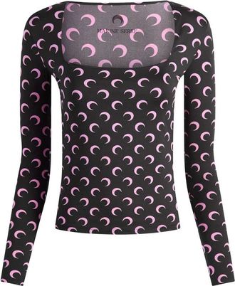 Marine Serre Tops, Dames, Zwart, L, Moon Printed Jersey Second Skin Top