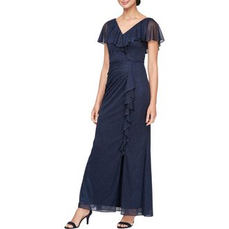 S.L. Fashions Beaded Shimmer Capelet Gown in Navy at Nordstrom, Size 12P