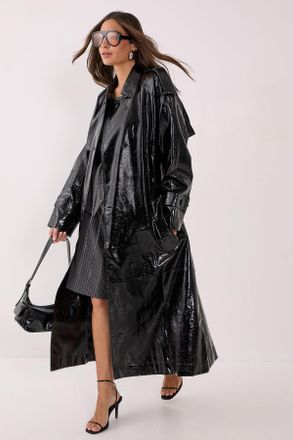NASTY GAL Womens Premium Vinyl High Shine Faux Leather Trench Coat - Black - Size 12 UK