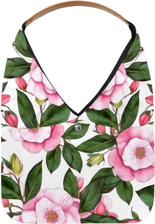 Generic Camellia with Leaf Reusable Lightweight Grocery Bags - Foldable Into Compact Pouch, Washable & Sturdy, Multipurpose for Shopping and Travel