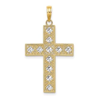 Diamond2Deal 14k Yellow Gold and White Rhodium Diamond-cut and Cut-Out Cross Charm Pendant