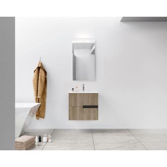 Aurlane Aurlane - Mueble De Ba&ntilde;o 60 Cm Roble Oscuro - 2 Cajones Y Lavabo De Cer&aacute;mica Blanca