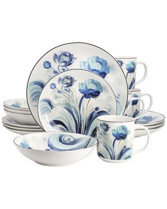 Elama Peony Garden 16Pc Floral Round Porcelain Dinnerware Set