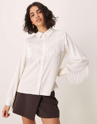Vero Moda Camicia color crema con frange stile western-Bianco
