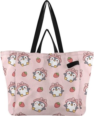 Generic Penguin Strawberry Pink pattern Reusable Canvas Tote Bag, Heavy Duty Grocery Shopping Bag with Double Handles Large Capacity Hard Bottom Work Grocerie