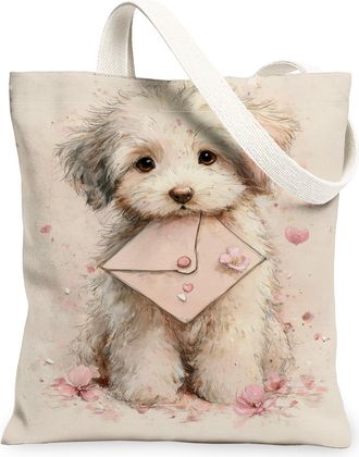 Generic Cute Dog Canvas Tote Bags, Adorable Animal Print Lightweight Washable Shoulder Strap Reusable Grocery Bags for Spring Outdo, Beige, 13x15 Inch
