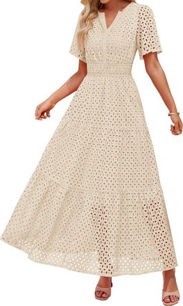 Generic Womens 2025 Summer Short Sleeve Maxi Dress Casual V Neck Hollow Out Eyelet Ruffle Swing A Line Long Dresses Casual Summer Dresses for Women Long (Beig