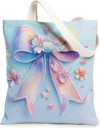 Generic Floral Ribbon Canvas Tote Bags, Elegant Bow Pattern Reusable Grocery Bags, Spring Vintage Lightweight Washable Shoulder Strap Canvas for Travel Beach 