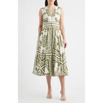 CeCe by Cynthia Steffe Sleeveless Belted Cotton Midi Dress in Olive Green at Nordstrom, Size X-Small