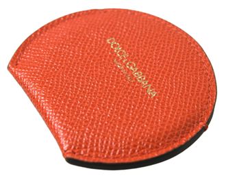 Dolce & Gabbana Orange Calfskin Leather Round Logo Hand Mirror Holder Accessory