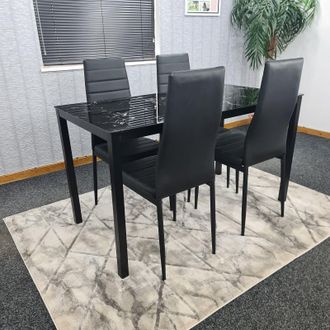 Kosy Koala Dining Table & 4 Chairs Black Marble Effect Glass 4 Leather Black Chairs Dining Room Furniture in Brown