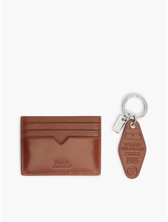 Tommy Hilfiger Mens Leather Card Holder & Keychain Gift Set - Winter Cognac
