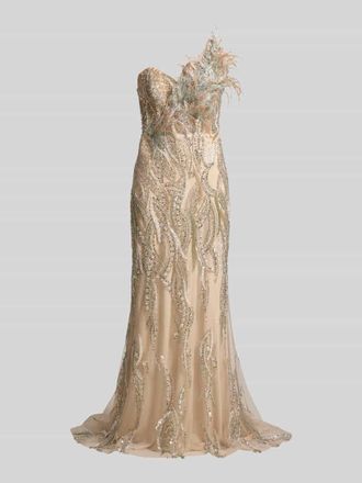 Luxuar Luxuar Abendkleid mit One-Shoulder-Träger und Federn in Gold, Größe 34