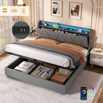 Matteo King Upholstered Bed Frame - Hydraulic Storage, LED Headboard - Grey