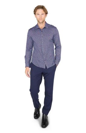 Lords of Harlech Sherlock Tailored Merino Wool Shirt in City Geo Plum at Nordstrom, Size Xx-Large