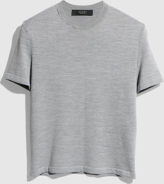 Gucci Cropped Knit Wool Silk Blend T-shirt, Size XXL, Grey