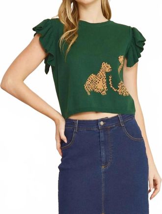 Entro Cheetah Ruffle Sweater In Green