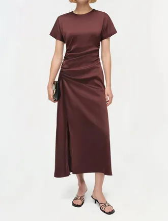 Jonathan Simkhai Marabella Draped Satin Midi Dress In Mahogany
