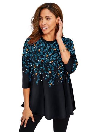 Jessica London Stretch Knit Swing Tunic in Teal Falling Leaves at Nordstrom, Size 28