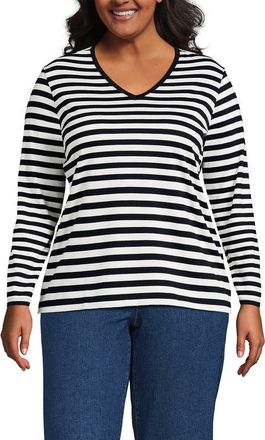 Lands End Supima Cotton Long Sleeve V-Neck T-Shirt in Black Even Stripe at Nordstrom, Size 1X