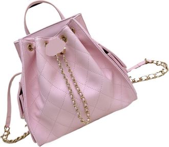Generic Pattern Chain Straw Bucket Bag Large Capacity Womens Backpack Drawstring Summer(Pink color)