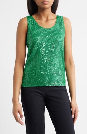 Anne Klein Sequin Double Scoop Neck Mesh Tank in Tropical Green at Nordstrom, Size Large P