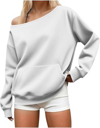 Generic Womens Off Shoulder Sweatshirt Elegant Ladies Plain Sweatshirts Casual Soft Long Sleeve Jumper with Pocket Comfy Loose Fit Womens Pullover Sweater Top