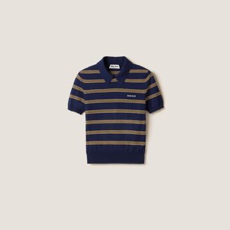 Miu Miu Striped Cashmere And Silk Polo Sweater, Woman, Navy, Size 44