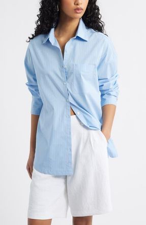 Open Edit Oversize Poplin Button-Up Shirt in Blue- Ivory Slice Pin at Nordstrom, Size Xx-Small