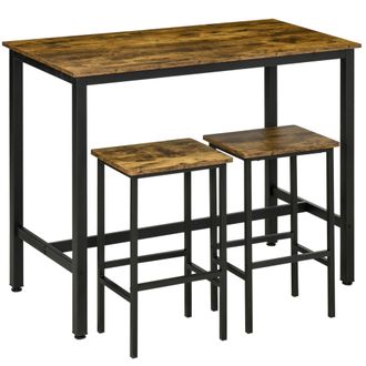 HOMCOM 3-Piece Industrial Bar Table Set - Table and 2 Chairs Rustic Brown | TJ Hughes