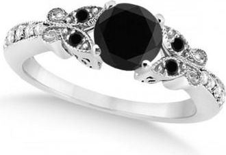 Allurez Butterfly White & Black Diamond Engagement Ring 14K White Gold 0.67ct