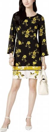 Alfani Floral Print A Line Dress In Gold Orchid Breeze