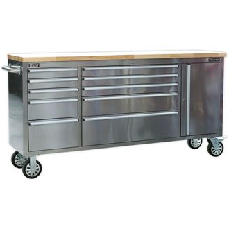 Loops 1990 x 490 x 950mm Mobile STAINLESS STEEL Tool Cabinet - 10 Drawer & Cupboard in Metallics