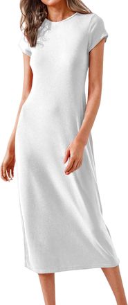 Generic Womens 2025 Summer Short Sleeve Tshirt Dress Crew Neck Basic Solid Casual Long Midi Dresses White