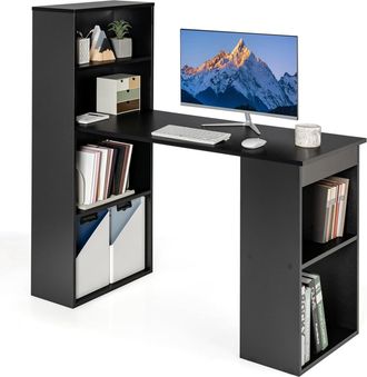 Costway Costway Escritorio Con Estanteria, Mesa Escritorio 120 Cm, 6 Estantes De Almacenamiento, Mesa Ordenador Reversible Oficina/dormitorio (negro)