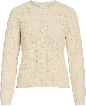 Vila Rundhalspullover VILA VILOWEN L/S POINTELLE KNIT TOP/PB, Damen, Gr. XL, birch, Strick, Obermaterial: 90% Baumwolle, 10% Nylon, unifarben, normal, Rund