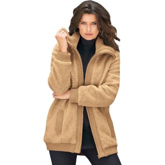 Roaman's Plus Size High Collar Teddy Fleece Bomber in Soft Camel at Nordstrom, Size Medium