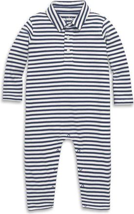 primary Baby Long Sleeve Polo Romper In Mini Stripe in Ivory Sunwashed Navy Stripe at Nordstrom, Size 12-18M