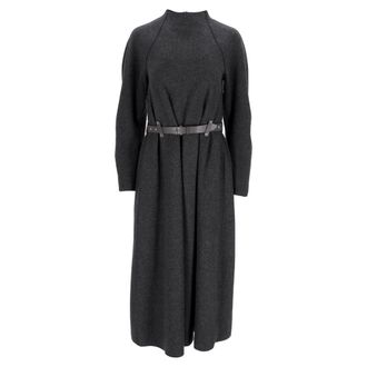 Emporio Armani Belted Mock Neck Midi Dress in Grey Wool