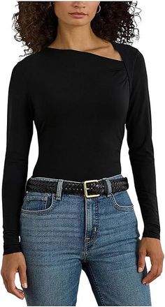 Lauren Ralph Lauren Stretch Jersey Asymmetrical Top Womens Clothing Black : XL, Elastane/Lyocell