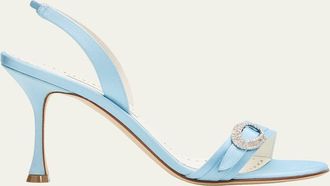 Manolo Blahnik 90mm Zutosan Satin Embellished Buckle Slingback Sandals