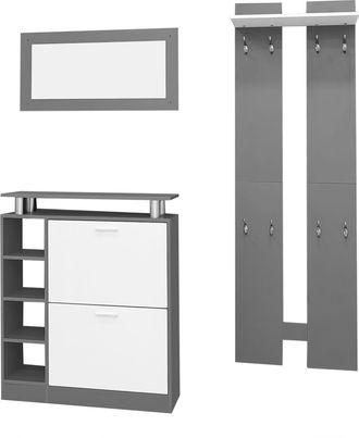 STILVORA Mueble De Entrada Con Zapatero, 2 Paneles De Pared, Estante Y Espejo, En Tablero De Part&iacute;culas, Gris