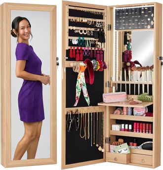 Best Choice Products Hanging Mirror Jewelry Armoire, Door or Wall Mounted Cabinet w/ LED Lights, Lock