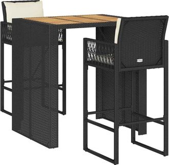 vidaXL 3 Piece Garden Bar Set with Cushions Black Poly Rattan Acacia vidaXL