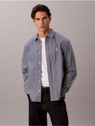 Calvin Klein Jeans Calvin Klein Mens Yarn-Dyed Stripe Washed Poplin Relaxed Shirt - Blue - 2XL