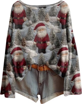 Generic Funny Christmas Jumper for Women, Long Sleeve Loose Fit Boat Neck Sweater Pullover, Festive Knitted Jumper with Multiple Designs for Holiday & Casual 