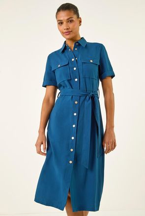 Roman Button Belted Collared Shirt Dress