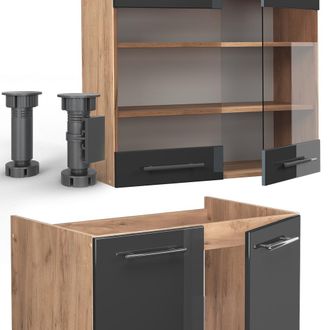 Vicco Mueble De Cocina Fame-line, Antracita Brillo Intenso/roble Dorado El&eacute;ctrico, 200 Cm, Et Antracita