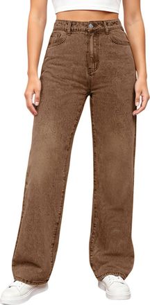 Generic Wide Leg Jeans for Women UK, Elasticated High Waist Flare Denim Trousers Baggy Stretch Straight-Leg Jean Pants Loose fit Jogging Pant with Pockets,Bro